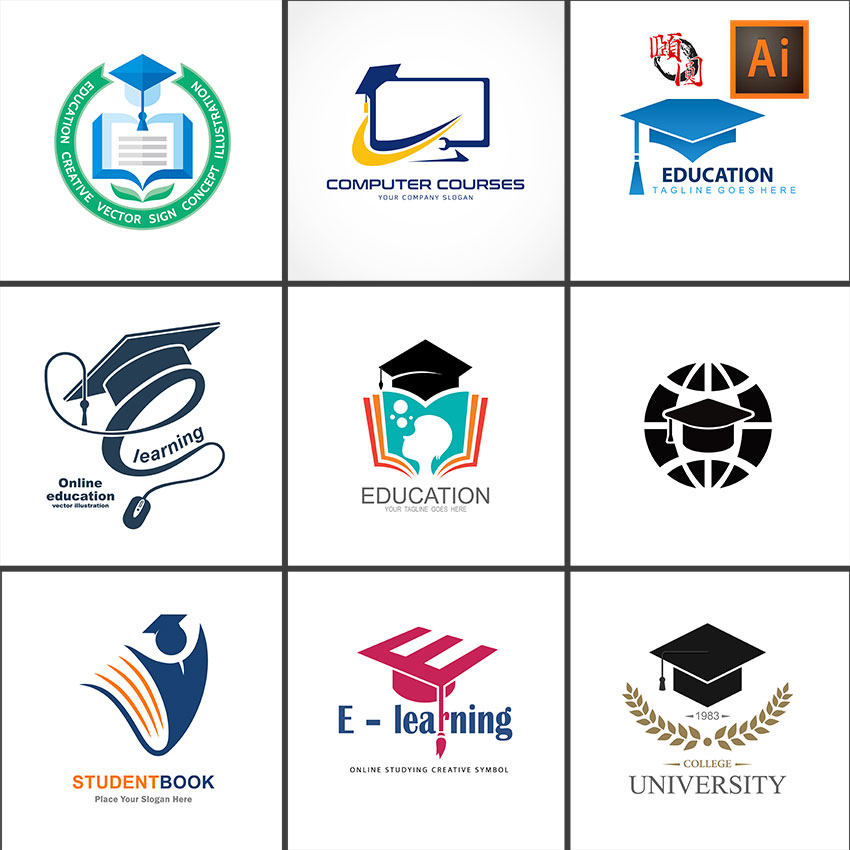 学士帽子教育培训大学书本电子网络教学logo图标ai矢量设计素材