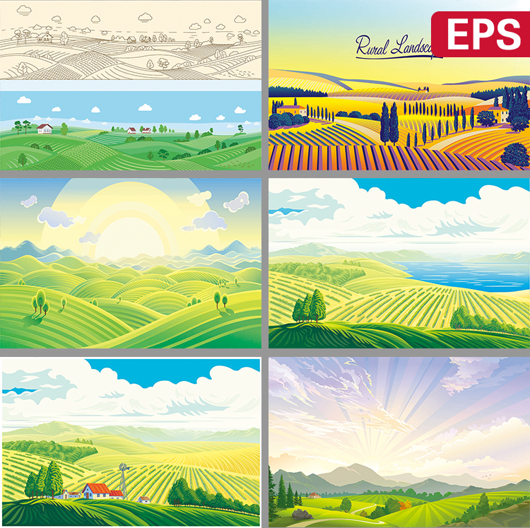 绿色有机农场农村农田蓝天白云草地插画插图eps矢量设计素材