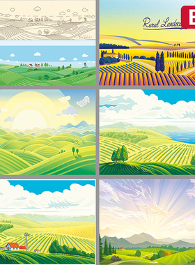 绿色有机农场农村农田蓝天白云草地插画插图EPS矢量设计素材