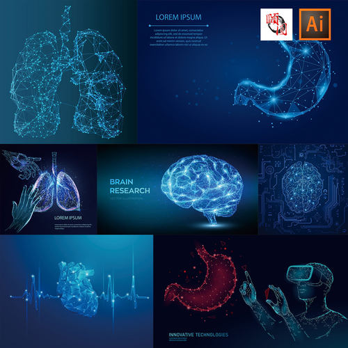 线段线条网格大数据智能医学器官大脑肺心脏胃AI矢量设计素材