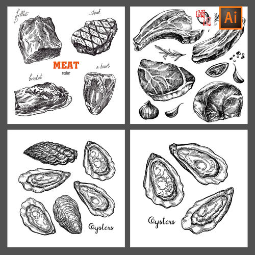 生蚝牛肉羊肉生姜快餐美食黑白手绘线描素描插画AI矢量设计素材