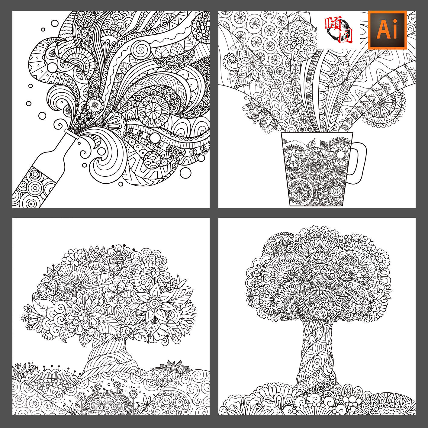 黑白线条线描春季鲜花大树花瓶花纹植物-装饰画ai矢量设计素材