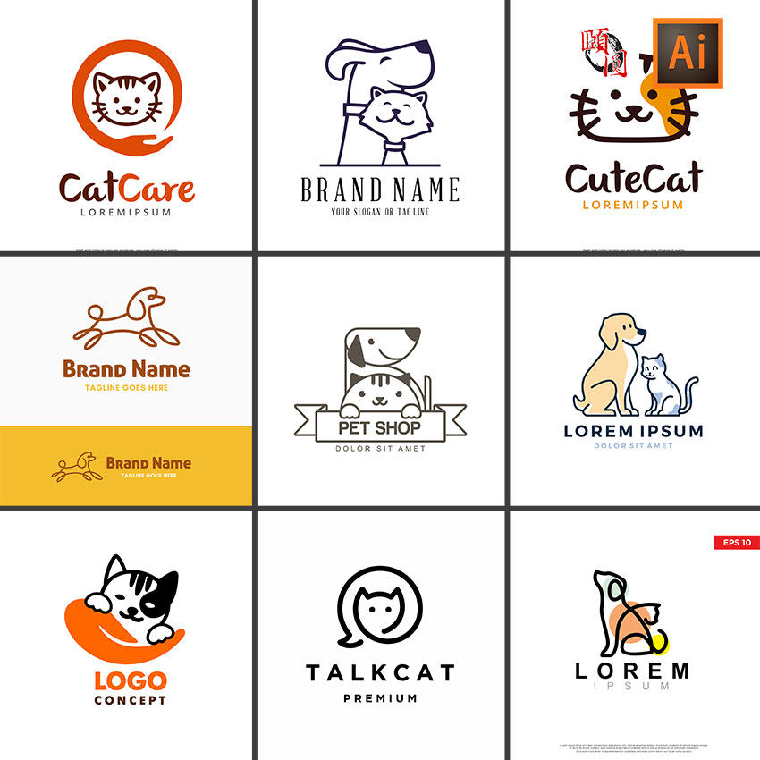 小猫小狗宠物店logo图标图形标志设计ai矢量设计素材