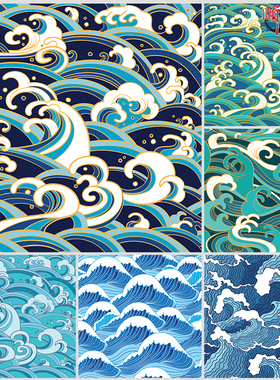 中国风新中式国潮海浪花波涛海水大海画芯装饰画AI矢量设计素材