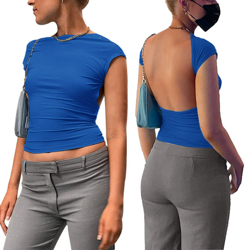 2025夏挖空露背上衣紧身短袖露脐半高领纯色辣妹性感欧美女装T恤