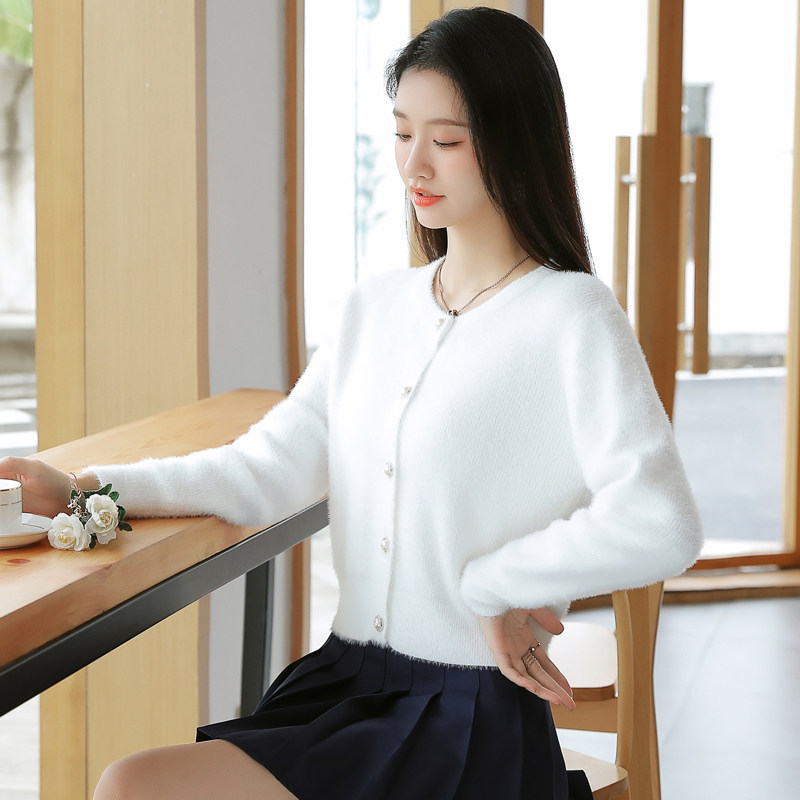 法式墨绿色仿水貂绒圆领毛衣开衫秋季外套女复古针织短款