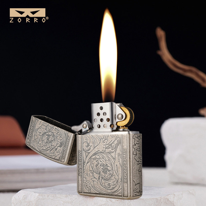 佐罗Z2-1041B太阳花古银滚花五面精雕复古时尚高品质煤油打火机