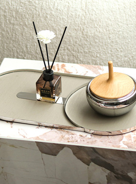 现代轻奢金属皮革弧边香薰饰品收纳托盘样板间售楼处酒店卧室摆件