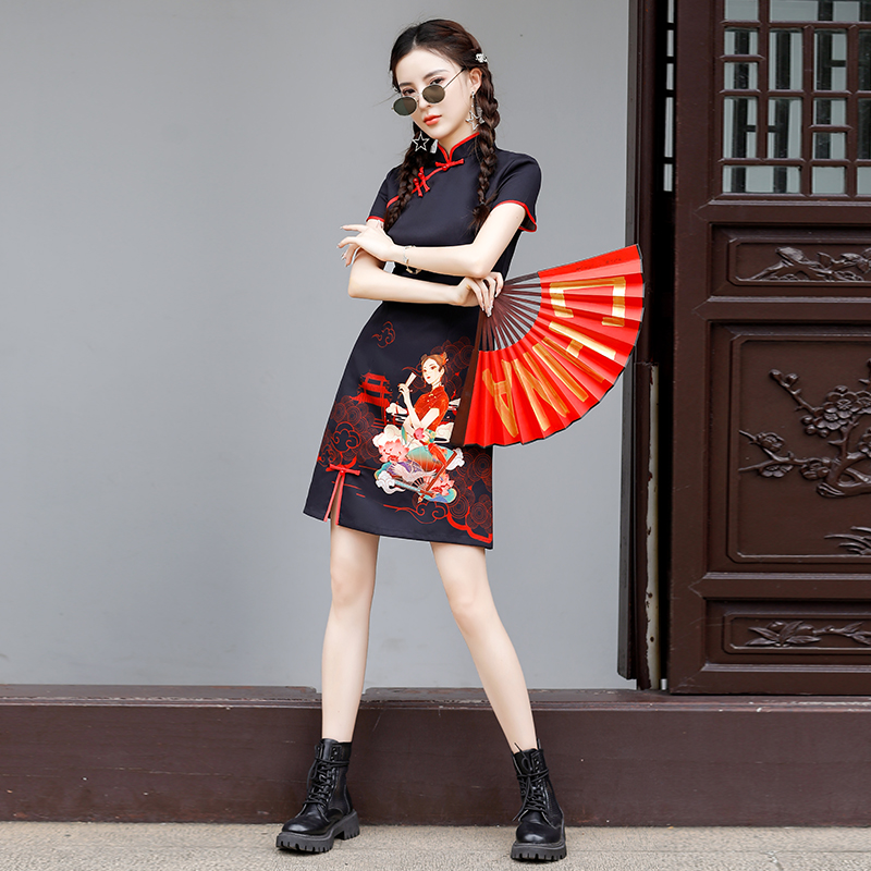 黑色国潮女孩印花旗袍夏新款年轻改良款少女中国风连衣裙炸街