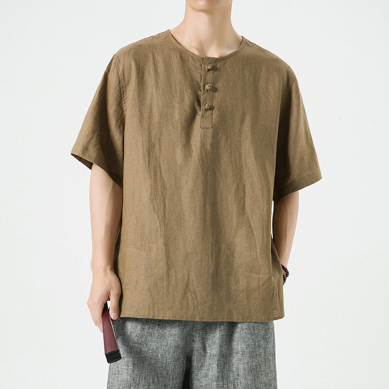 100%纯亚麻中国风短袖T恤新中式夏季宽松大码唐装男装vA118T908