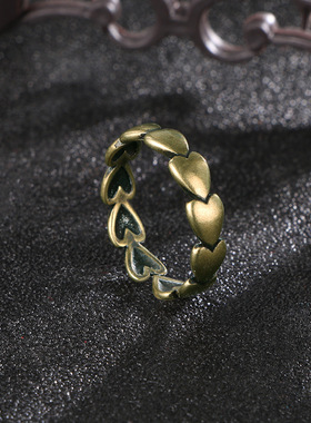 热卖INS爱心复古做旧古铜戒指黄
