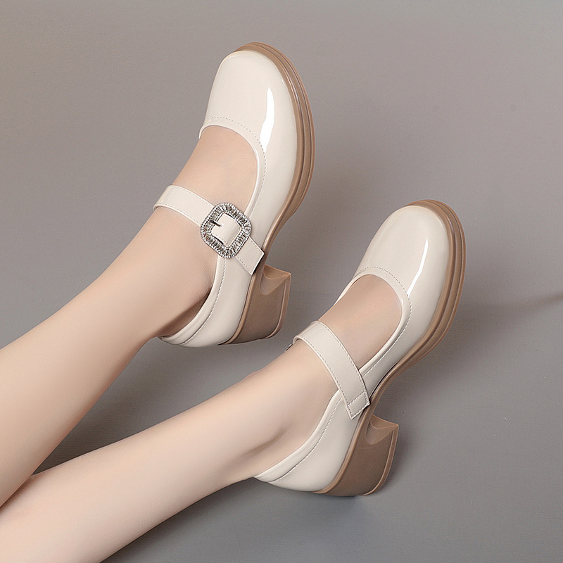 一字扣单鞋女配旗袍春秋季新款玛丽珍女鞋浅口百搭粗跟走秀小皮鞋