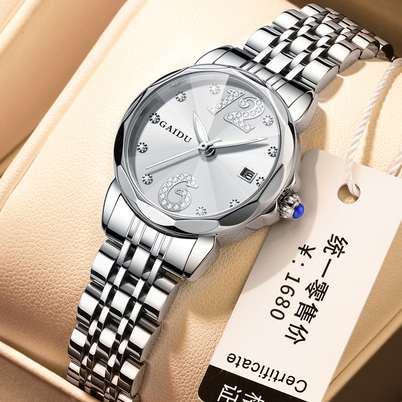 凯度女士手表爆款腕表时尚镶钻日历防水石英表精钢表