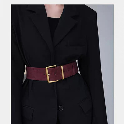 反绒磨砂真皮女士腰带牛皮配西服大衣外套装饰女式超宽高级感皮带