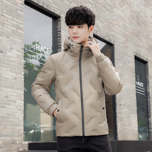 潮牌男装品质款冬季纯色菱角男士修身连帽服男朝压花羽绒服外套