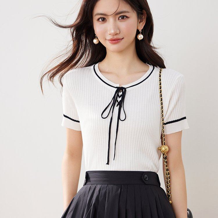 法式小香风系带撞色冰丝针织衫女2025新款夏季薄款短袖女