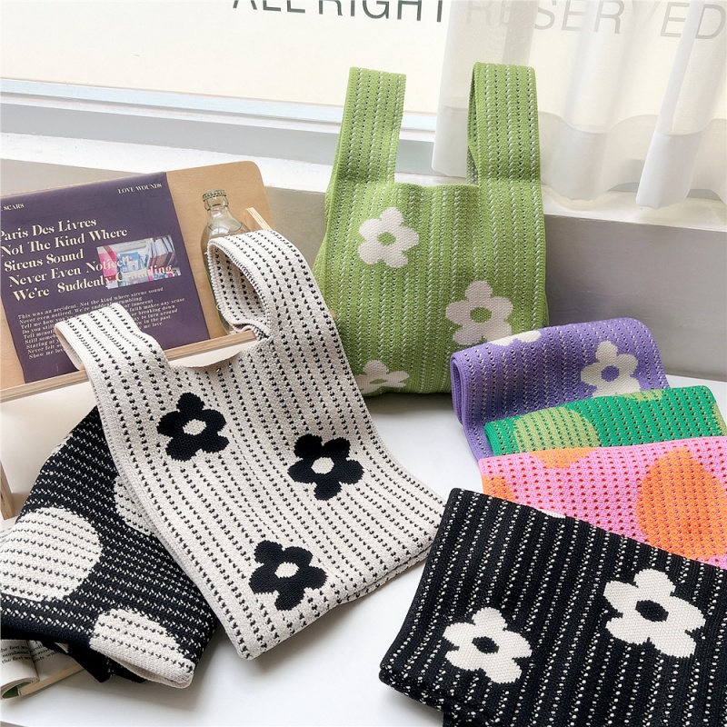 花朵针织手提包女春秋夏季韩版日系百搭大容量水桶包托特手拎包