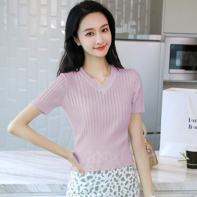 夏季新款女短袖镂空V领纯色修身短款冰丝针织衫上衣