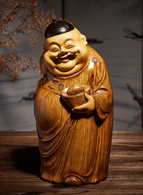 高端中式地主摆件客厅财神爷雕塑仿木雕茶几博古架装饰品桌面摆设