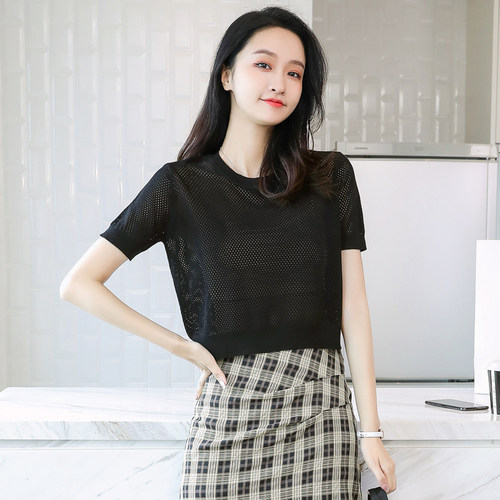 新款女夏季镂空宽松超薄短袖冰丝低圆领短款针织衫t恤