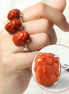 亲宝水晶火焰红南红玛瑙戒指 女男款 貔貅饰品