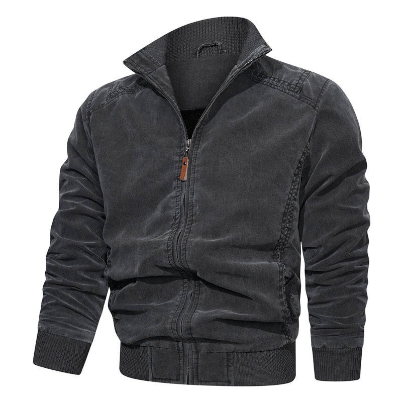 wish外贸纯棉水洗复古男士秋季夹克休闲宽松套男式立领男装