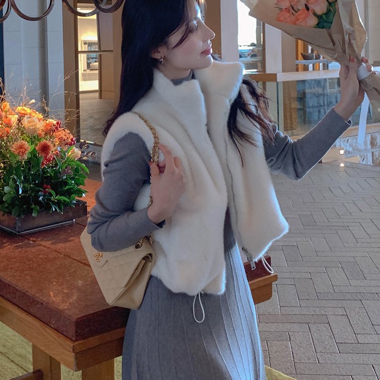 沉稳雅致 韩国Chic皮毛外套 开衫水貂毛马夹 毛毛马甲皮草外套
