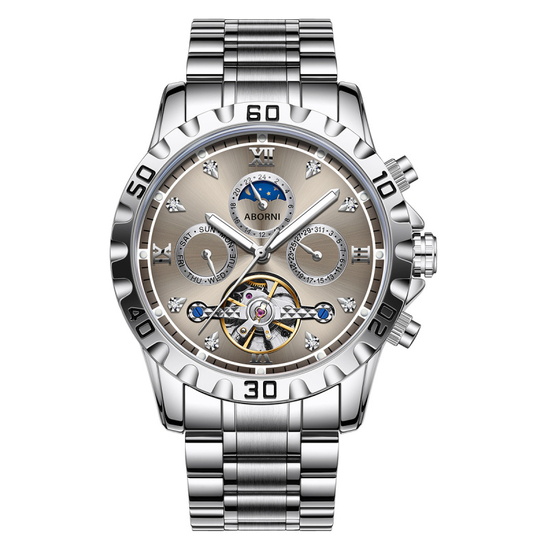 商务手表男士机械表防水陀飞轮钢带手表月相多功能爆款男手表