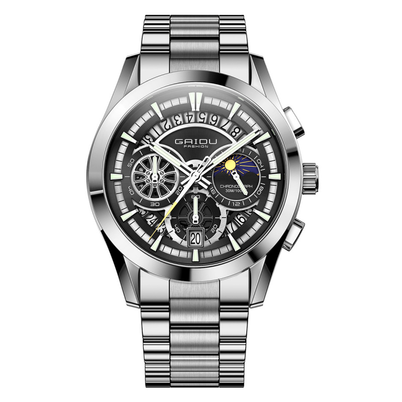 男士手表三眼六针商务防水男表学生运动夜光多功能钢带石英表