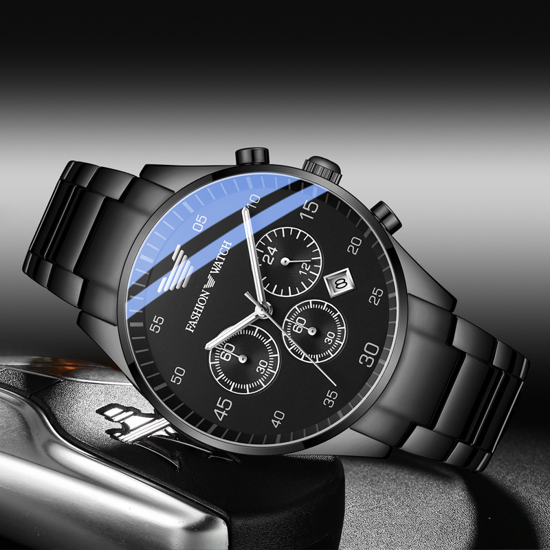 男士手表休闲时尚防水大表盘腕表表带多功能三眼六针计时石英