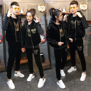 2025秋冬新款金丝绒情侣休闲运动套装时尚男女加绒加厚马甲三件套
