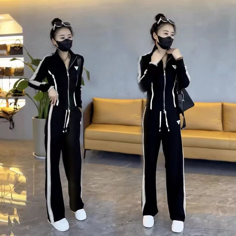 2025春秋新款韩版时尚休闲运动服套装女拉链立领卫衣阔腿裤两件套