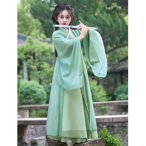 新品绿色女童汉服魏晋风战 国袍儿童古装洋装超仙小女孩生日礼服