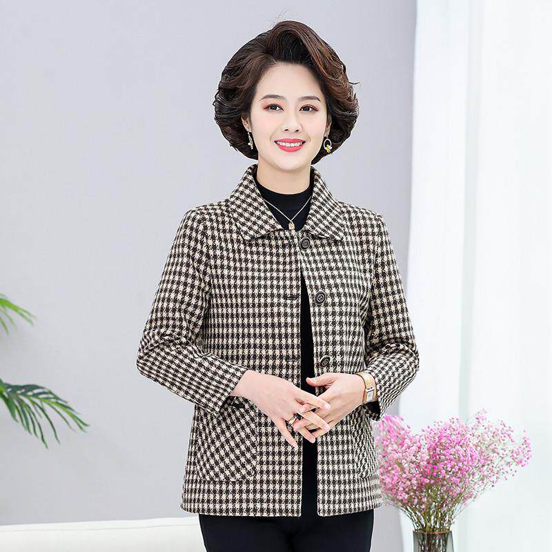 小个子妈妈春秋洋派外套中年女装春装薄款西装中老年短款格子上衣