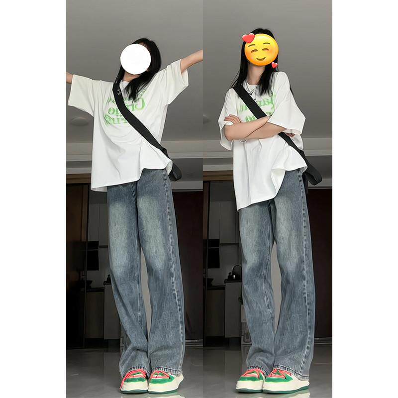 新品美式高街牛仔裤女夏季薄款2025新款小个子直筒窄版阔腿裤子春