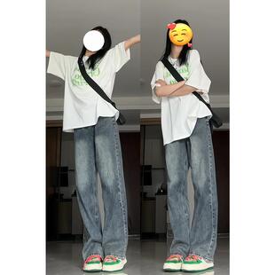 新品美式高街牛仔裤女夏季薄款2025新款小个子直筒窄版阔腿裤子春