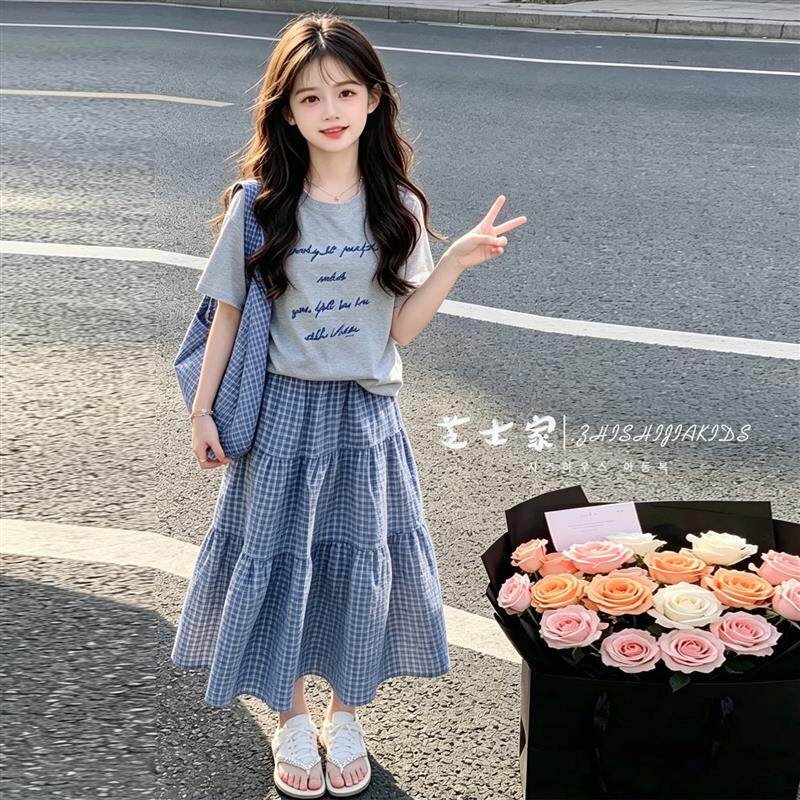 女童巨好看半身裙套装2026夏季新款大童纯棉短袖T恤初中生两件套