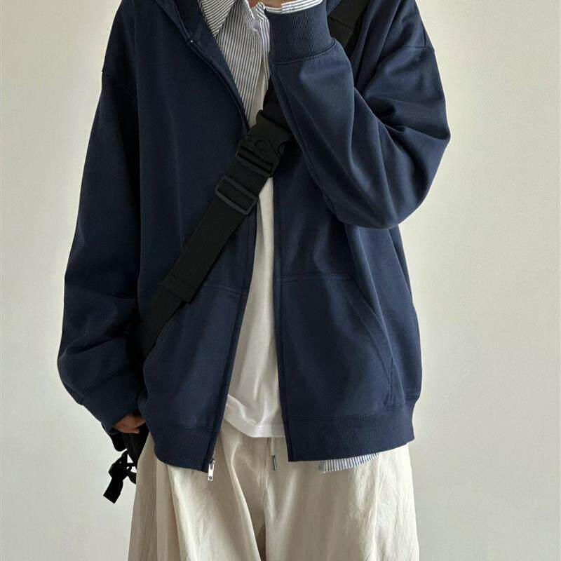 新品美式覆古藏蓝色连帽开衫卫衣女春秋季宽松oversize慵懒风