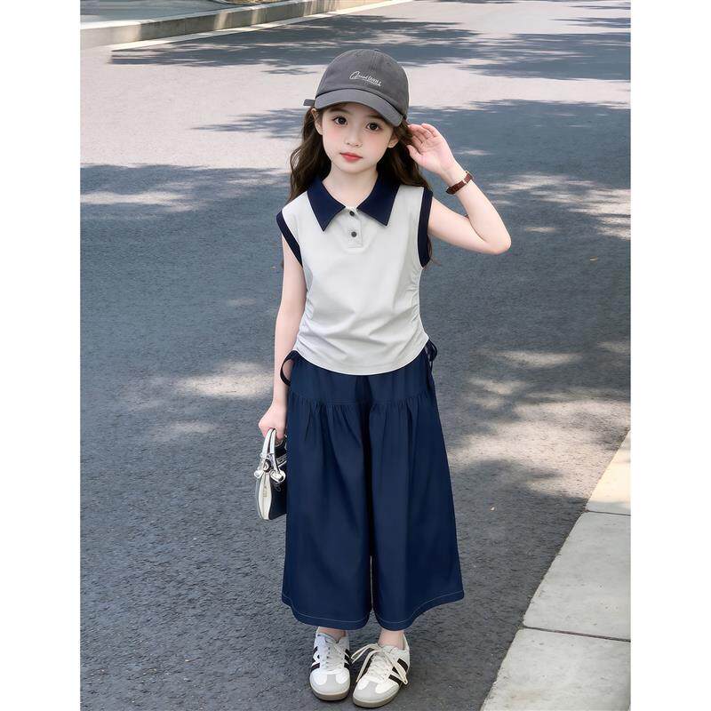 女童夏装套装2026新款儿童韩系超火无袖polo短袖T恤大童夏天衣服