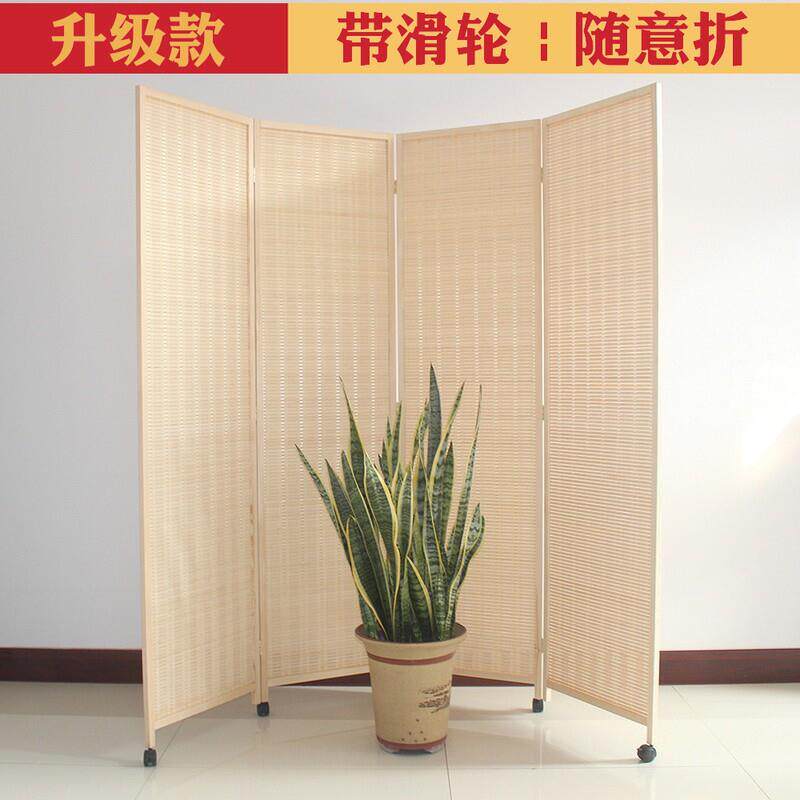 滑轮折叠屏风隔断 简约木质日式竹编移动实木折屏