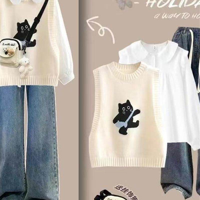 新品女童秋冬2025新款洋气套装时髦针织马甲衬衫初中学生牛仔裤三