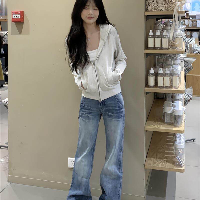 新品美式覆古灰色短款连帽卫衣女2025春秋薄款百搭双拉炼开衫外套