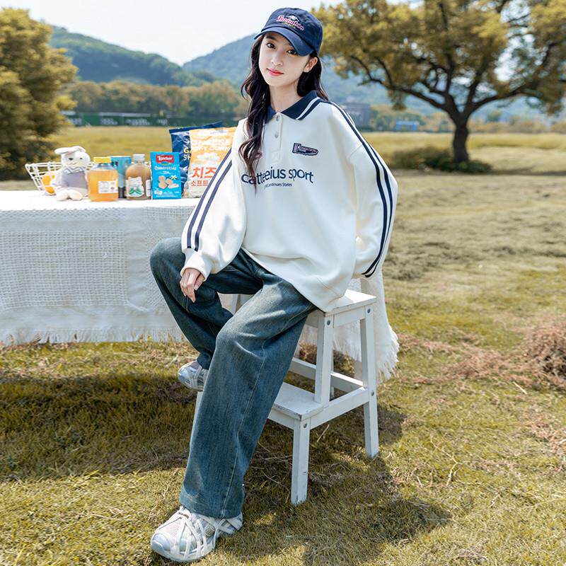 女童加绒卫衣2025秋冬装新款大童洋气宽松Polo领上衣女孩加厚衣服