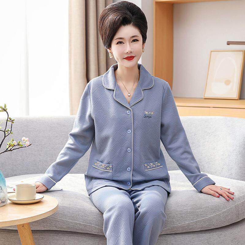 中年妈妈秋冬季睡衣女夹层纯棉长袖空气棉中老年人大尺码家居服套