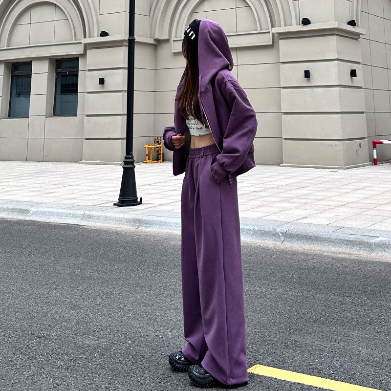 紫色运动服套装女春秋2026新款短款卫衣外套阔腿裤休闲时尚两件套,女装/女士精品,休闲运动套装,淘宝优惠券,粉丝福利购,淘宝优惠卷
