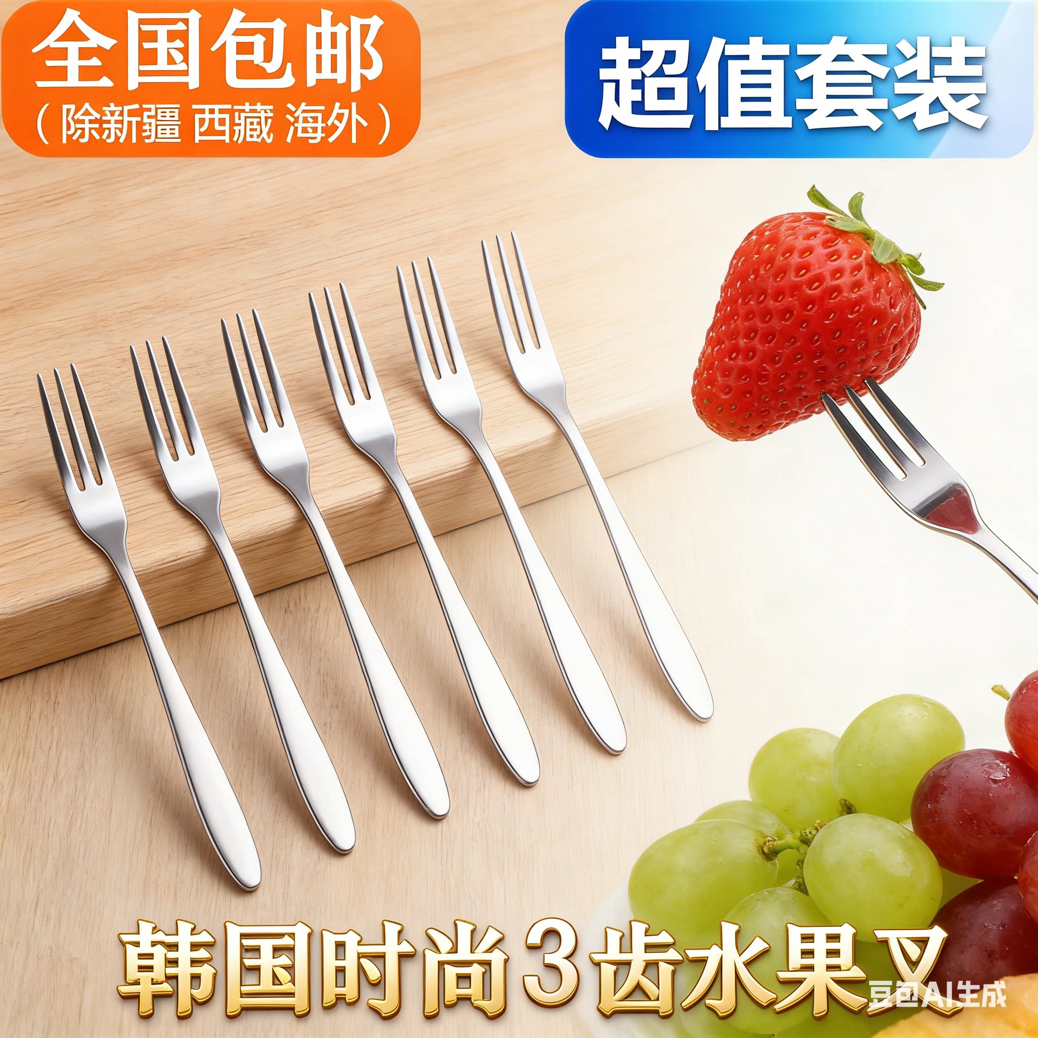甜品叉不锈钢韩国时尚便携式餐具水果叉子3齿月饼叉水果签蛋糕叉