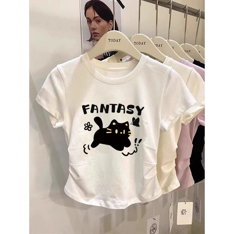 纯棉女童短款T恤宽松短袖夏季儿童白色短款洋气内搭网红上衣女