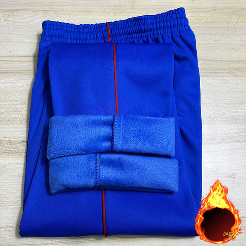 宝蓝色细红条秋冬厚款加绒加厚初高中小学生男女通用宽松保暖校裤