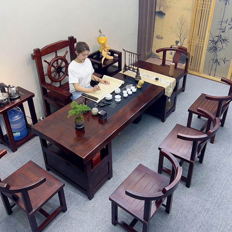 老船木茶台新中式实木功夫茶几桌椅组合办公室家用一体商务泡茶桌