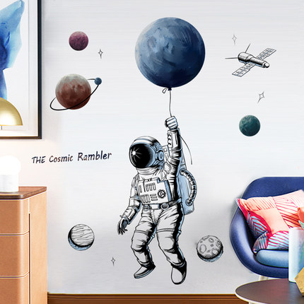 创意太空人3D立体墙贴客厅背景墙壁装饰画儿童卧室墙面贴纸北欧风